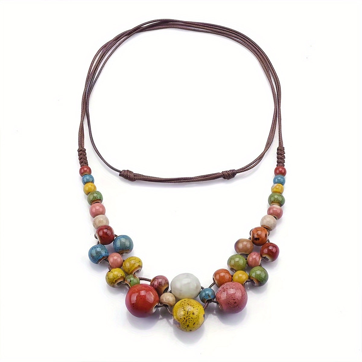 Bohemian Ceramic Bead Necklace Adjustable Chain Handcrafted Ethnic Jewelry